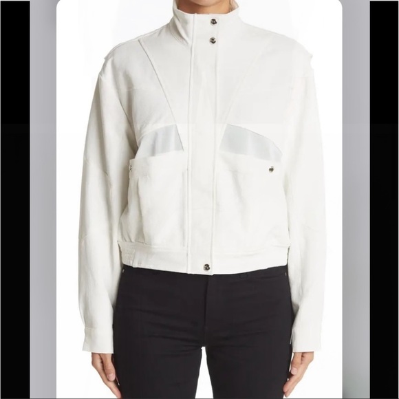 BlankNYC So Icy White Crepe Bomber Jacket SzXS Mesh Elastic Panel &Patch Pockets - Picture 3 of 16